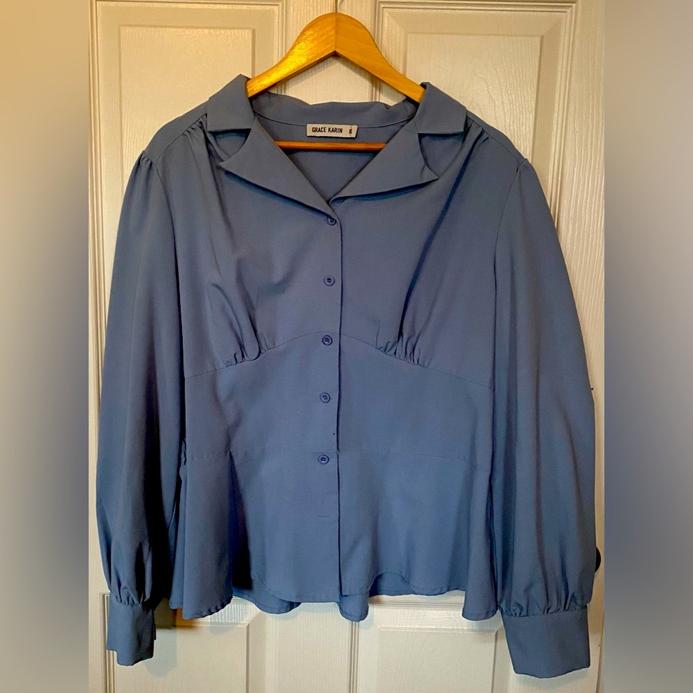 Blue Button Up Long Sleeve Blouse